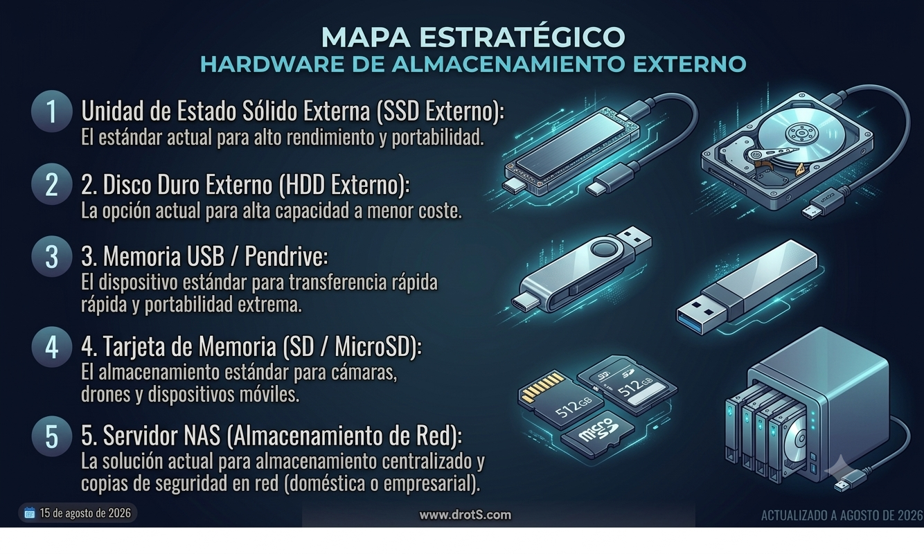 Infografía DROT5: dispositivos de almacenamiento externo — SSD externo, disco duro externo, memoria USB, tarjeta SD y servidor NAS