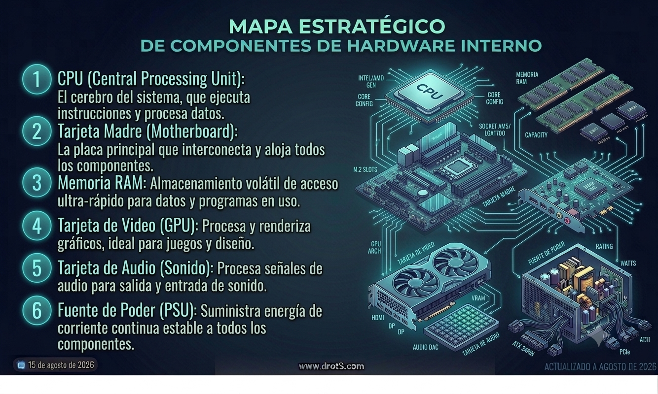Infografía DROT5: arquitectura de hardware interno — CPU, tarjeta madre, memoria RAM, tarjeta de video, tarjeta de audio y fuente de poder
