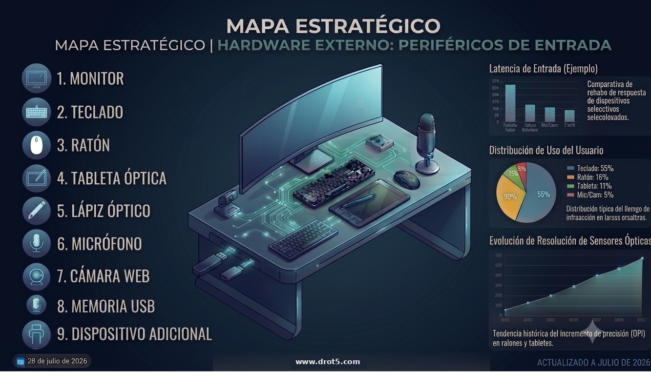 Infografía DROT5: periféricos de entrada — monitor táctil, teclado, ratón, tableta óptica, lápiz óptico, micrófono, cámara web, memoria USB y dispositivos adicionales