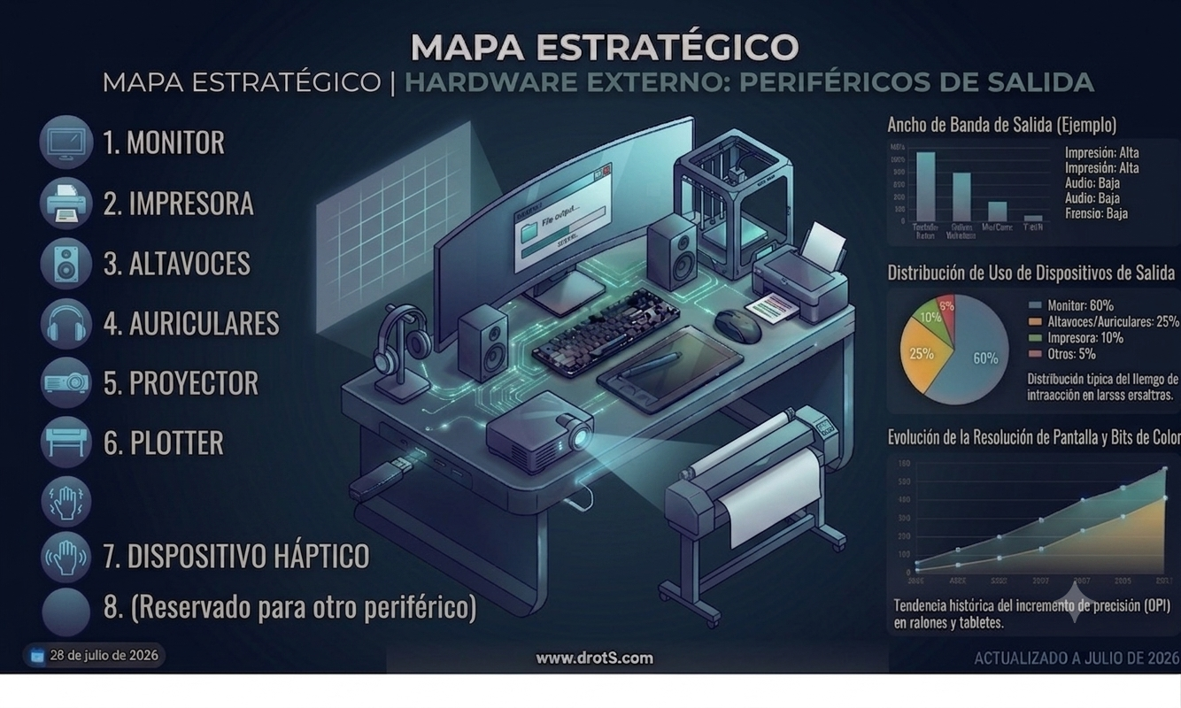 Infografía DROT5: periféricos de salida — monitor, impresora, altavoces, audífonos, proyector, plotter y dispositivos hápticos